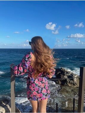 Zara Floral Puff-Sleeve Mini Dress in Pink & Green